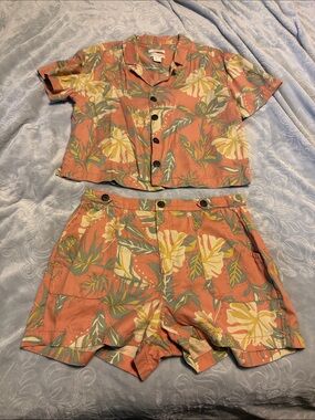 Cynthia Rowley Coral Tropical Print High-Waist Shorts Set